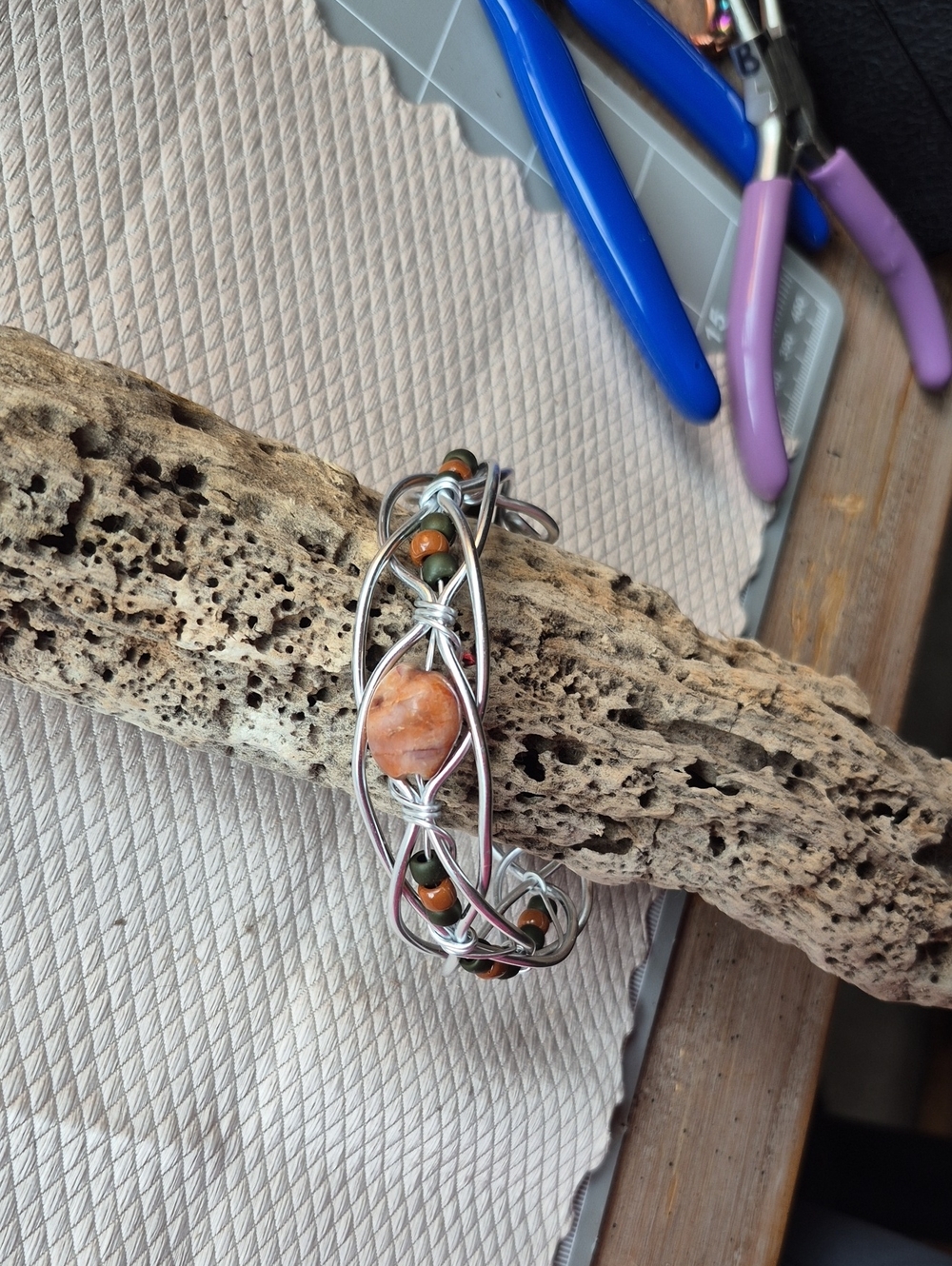Artisan Silver Wire Bracelet with Peach and Olive Beads